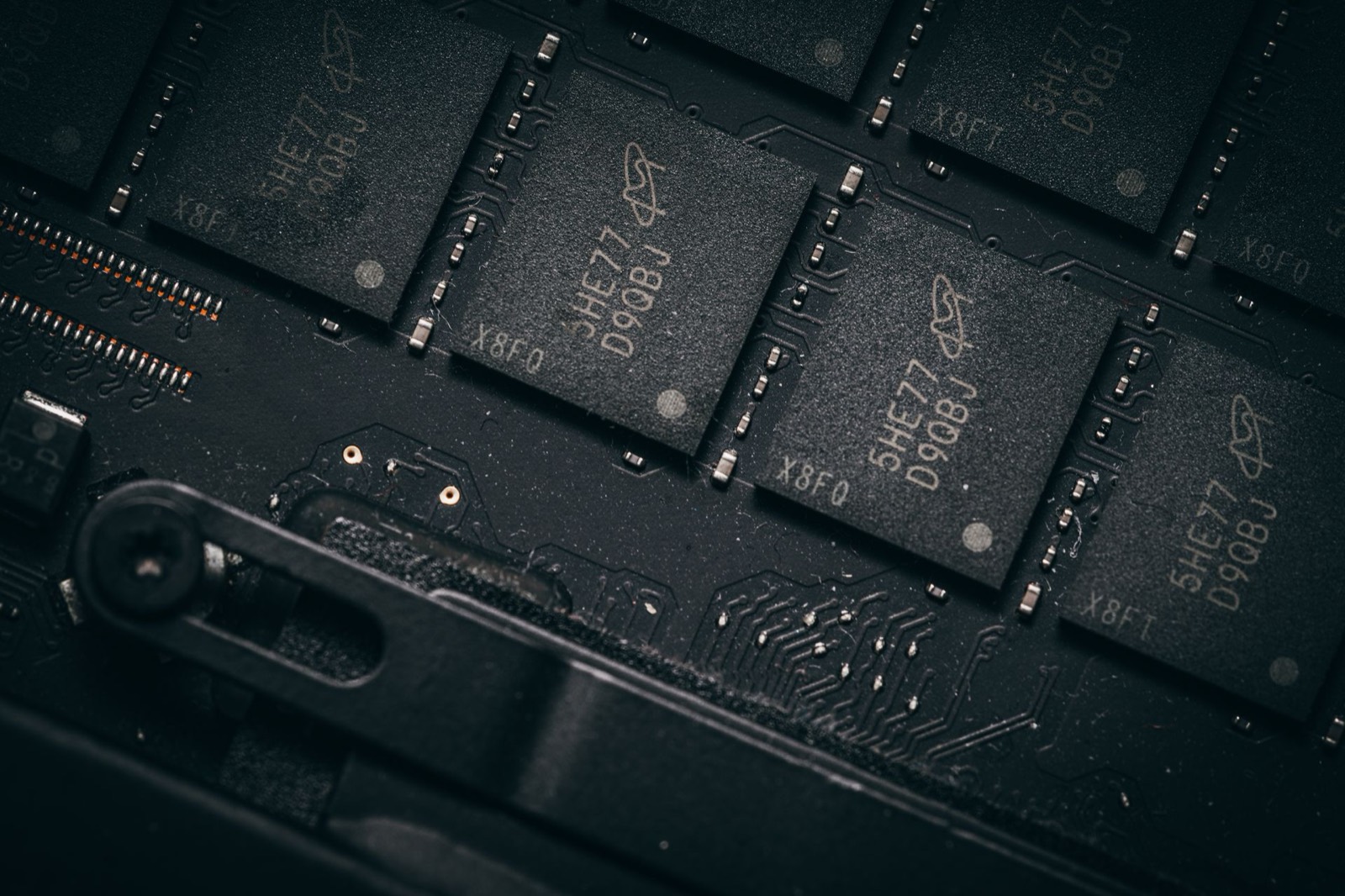 Row of memory chips on a board
