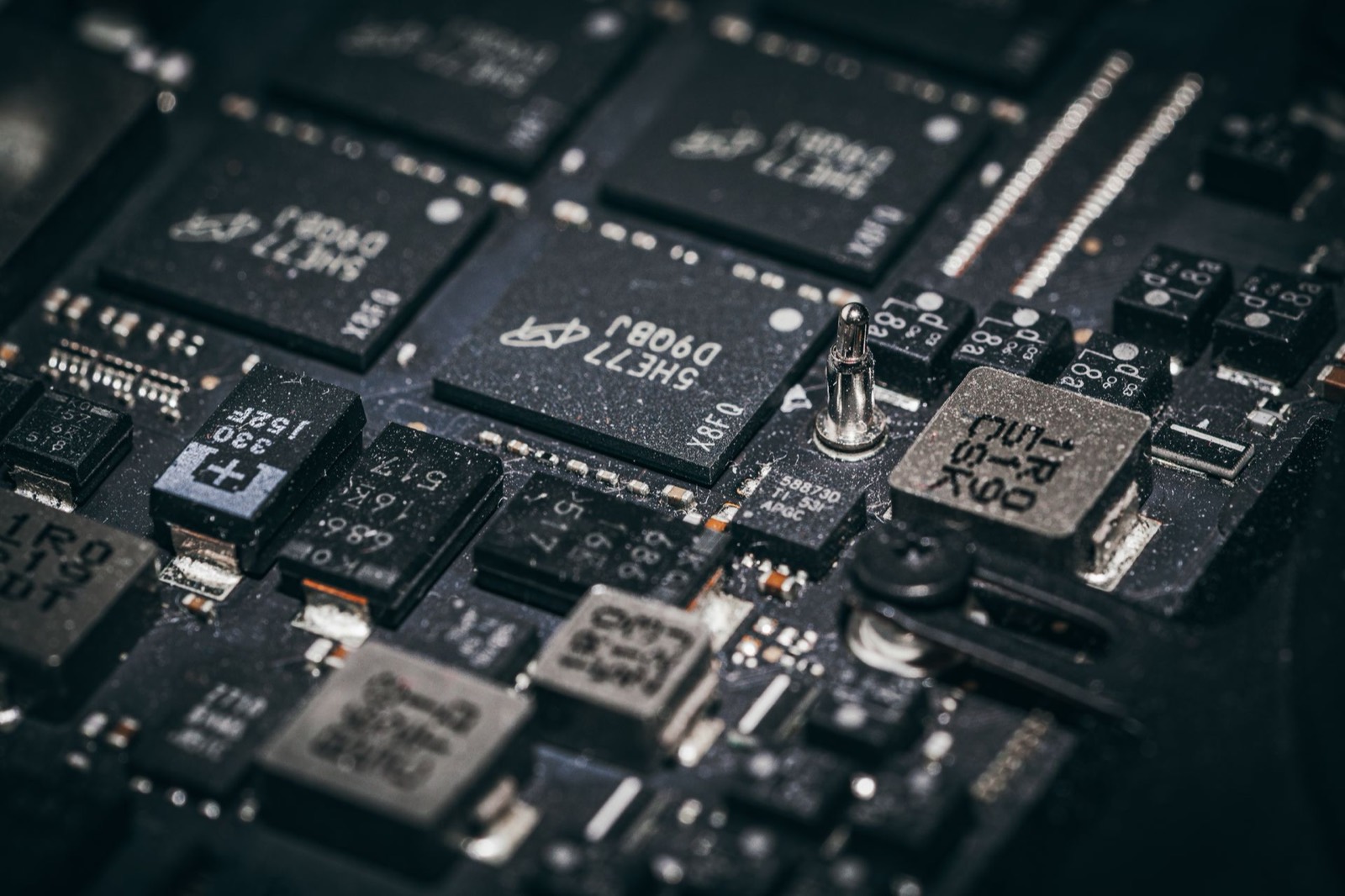 Memory chips on a circuit board, close-up